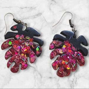 Hand Crafted Pink & Black Leaf Earrings Handmade E019